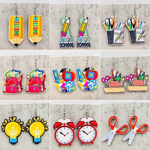 Wood Pencil School Bus Alarm Clock Earrings Multicolour Teacher's Day Gift Back To School Theme Jewelry For Women Kids