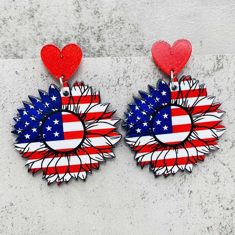 USA Flag Acrylic Earrings Independence Day Patriotic Heart Star Sunflower Dangle Drop Earrings For Women Holiday Jewelry