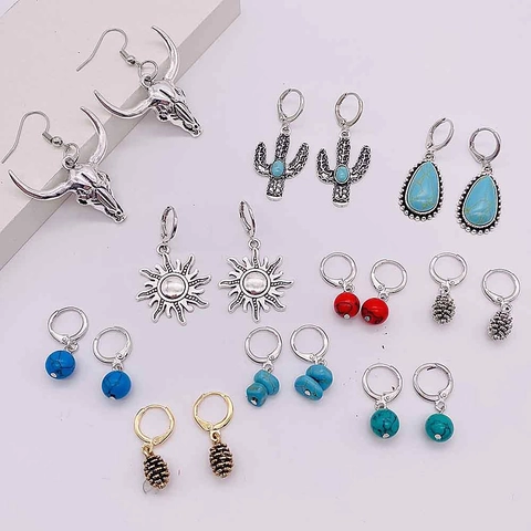 Bohemian Vintage Bull Skull Turquoise Earring Collection For Women Retro Silver Gold Plated Pine Cone Sun Cactus Dangle Jewelry