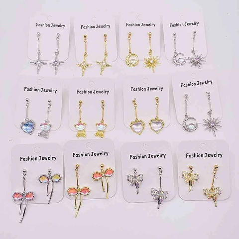 Fashion Alloy Rhinestone Bowknot Bear Heart Asymmetric Earrings For Women Iridescent Aurora Drop Dangle Earrings Korean Jewelry
