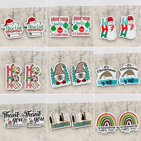 Christmas Wooden Drop Earrings For Women Leopard Print Santa Hat Snowman Gnome HO HO HO Letter Print Holiday Party Jewelry