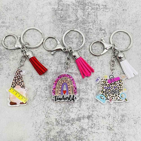 Portachiavi in Acrilico con Stampa Leopardata Regalo per Insegnanti Arcobaleno Matita Mela Ciondolo con Nappina per Docenti