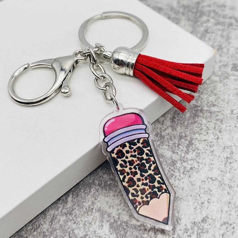 Portachiavi in Acrilico con Stampa Leopardata Regalo per Insegnanti Arcobaleno Matita Mela Ciondolo con Nappina per Docenti