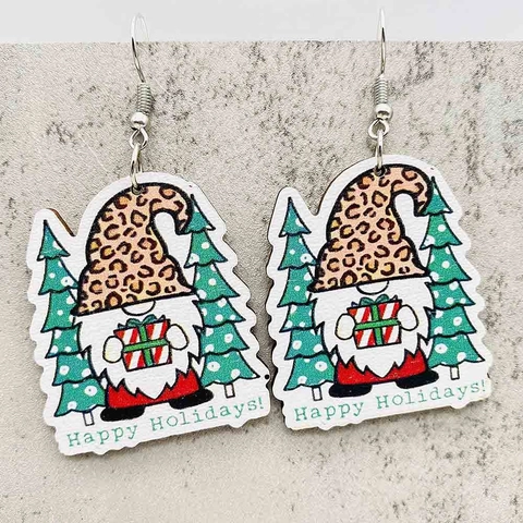 Christmas Wooden Drop Earrings For Women Leopard Print Santa Hat Snowman Gnome HO HO HO Letter Print Holiday Party Jewelry