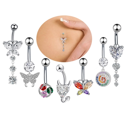 Stainless Steel Navel Ring Butterfly Heart Flower Pendant Zirconia Belly Button Piercing Jewelry For Women Body Jewelry