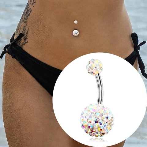 Stainless Steel Curved Barbell Belly Ring Rhinestone Paved Shamballa Style Body Piercing Jewelry For Summer Beach Decor