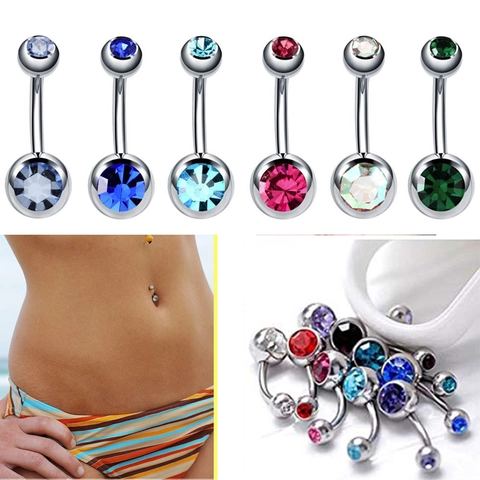 Stainless Steel Zirconia Double Gem Belly Button Ring Navel Piercing Jewelry Curved Barbell Body Jewelry Accessories