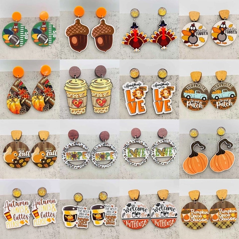 Pendientes Colgantes de Madera de Acción de Gracias Pavo Calabaza Hoja de Arce para Mujer Festival de Cosecha Estampado de Leopardo Joyería