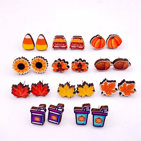 Erntedankfest Herbst Holz Ohrstecker Kürbis Ahornblatt Truthahn Eichel Sonnenblume LKW Design Festlicher Schmuck Für Damen