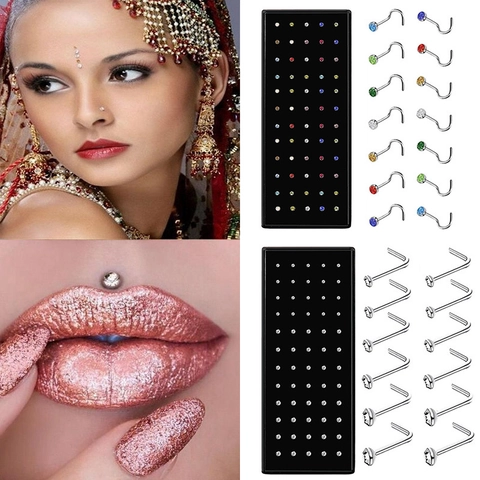 Stainless Steel Nose Stud Set Rhinestone Inlaid L-Shaped Curved Bar Straight Hook Nose Rings Piercing Jewelry For Unisex