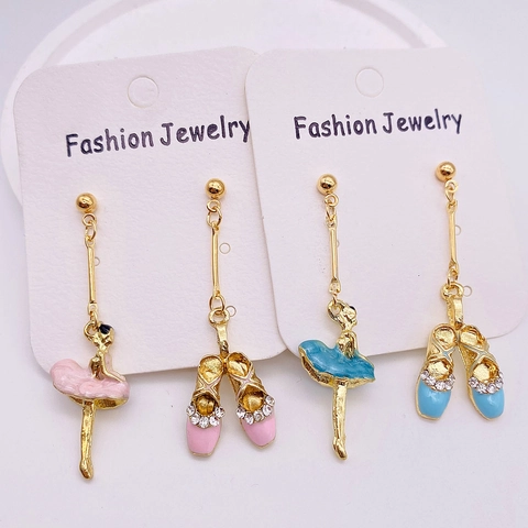 Boucles d'Oreilles Pendantes Asymétriques Danseuse et Chaussons de Ballet Alliage Plaqué Or Émail Strass Bijoux Femme Fille