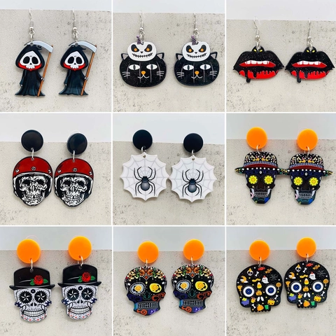 Orecchini a Goccia in Acrilico Halloween Teschio Zucca Ragnatela Fantasma Pipistrello Gatto Nero Fatti a Mano Gotici Gioielli per Festa Donna