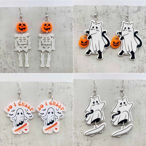 Halloween Acryl Ohrhänger Gruseliges Gespenst Katze Kürbis Skateboard Gothic Ohrringe Festliche Party Schmuck Für Damen Geschenk