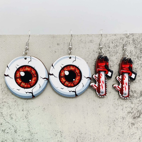 Halloween Horror Augapfel Blutige Kettensäge Holz Ohrhänger Gothic Gruseliger Schmuck Für Damen Party Festliches Accessoire