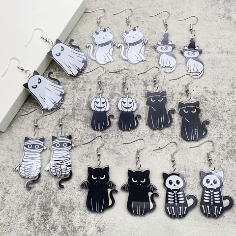 Halloween Acryl Katze Kürbis Geist Ohrhänger Für Damen Gotisch Horror Schwarze Katze Skelett Fledermaus Ohrringe Schmuck Geschenk