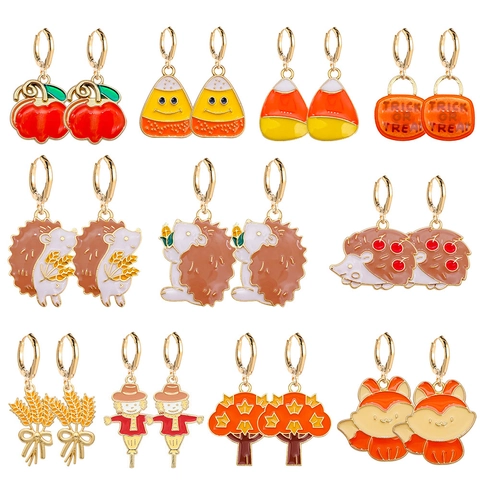 Erntedankfest Halloween Legierung Emaille Ohrringe Süß Igel Fuchs Vogelscheuche Kürbis Weizen Herbst Ohrringe Schmuck
