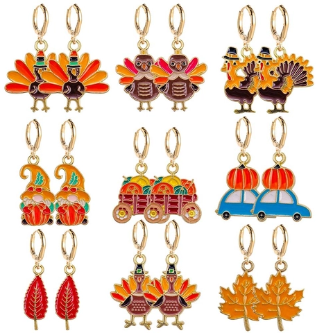 Thanksgiving Alloy Enamel Earrings Turkey Pumpkin Truck Maple Leaf Drip Oil Festive Drop Earrings For Women Jewelry