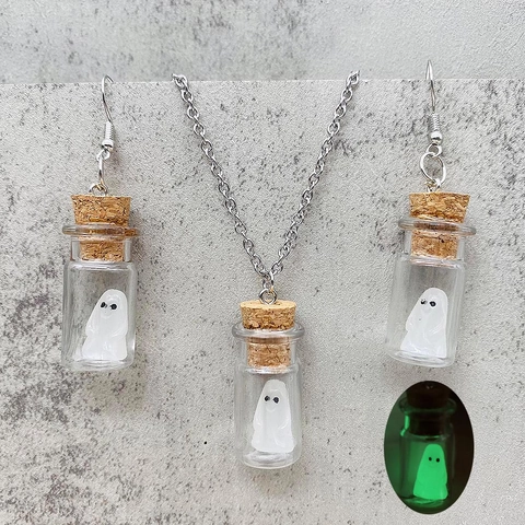 Conjunto de Collar y Pendientes de Halloween Luminoso con Colgante de Botella de Vidrio de Fantasma Joyería de Resina Brillante para Mujer
