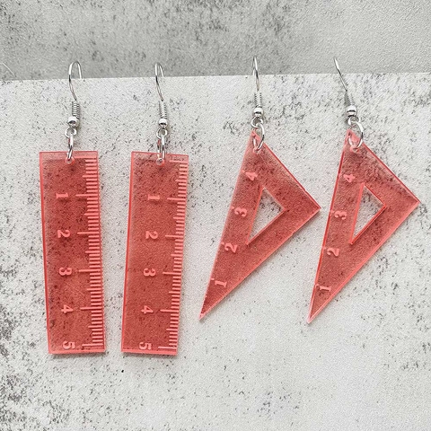 Creative Transparent Red Acrylic Ruler Drop Earrings Asymmetric Triangle Straight Stationery Earrings For Back To School Women Jewelry Gift
