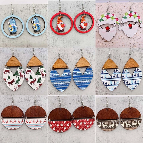 Pendientes Colgantes de Madera de Navidad Papá Noel Alce Gnomo Copos de Nieve Patrón Bohemio Empalme Pendientes de Gancho para Fiesta Mujer Joyería