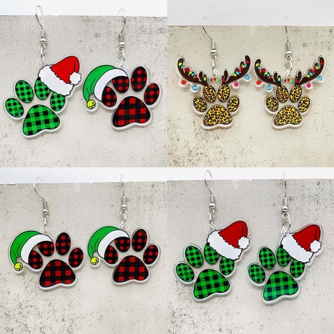 Kerst Acryl Kattenpoot Oorbellen Rendiergewei Ruit Luipaardprint Kerstmuts Hangende Oorbellen Voor Vrouwen Sieraden