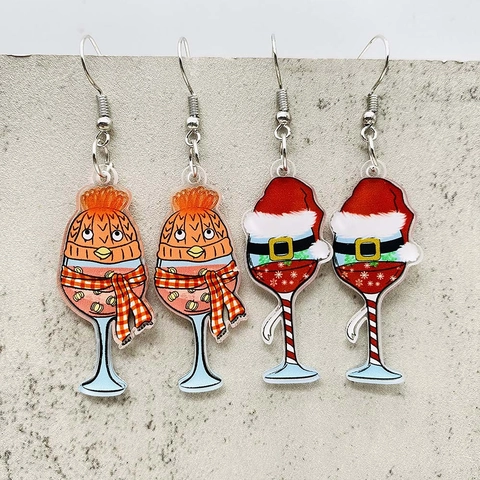 Creatieve Kerst Acryl Wijnglas Oorbellen Kerstmuts Elf Rode Wijnfles Druppel Oorbellen voor Vrouwen Kerst Sieraden