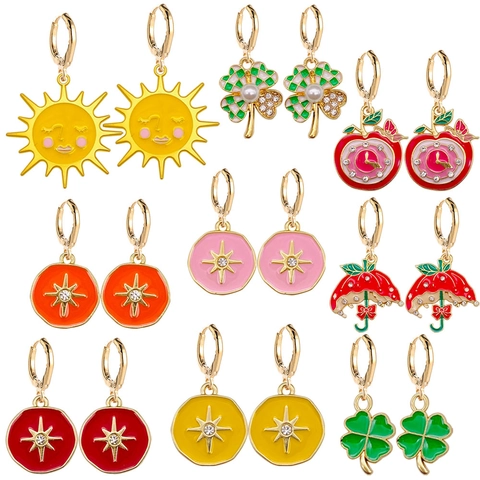 Alloy Enamel Leverback Drop Earrings For Women With Heart Clover Star Rainbow Sun Leopard Rhinestone Artificial Pearl Decoration Fashion Jewelry Gift
