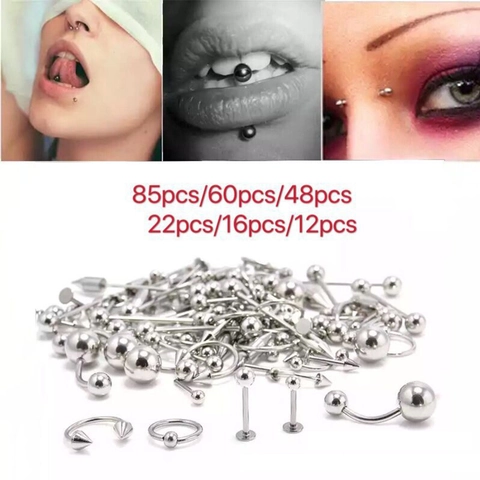 Stainless Steel Mixed Body Piercing Jewelry Collection Assorted Tongue Rings Belly Button Studs Nose Lip Piercing Kit