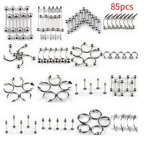 Stainless Steel Mixed Body Piercing Jewelry Collection Assorted Tongue Rings Belly Button Studs Nose Lip Piercing Kit