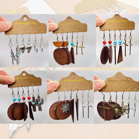 Westliches Bohemian Ohrring Set Für Damen Vintage Legierung Holz Hängeohrringe Kaktus Stierkopf Türkis Schmuck Set Für Festival Party Geschenk