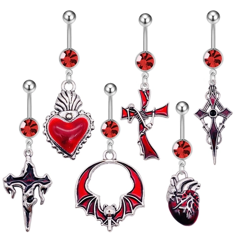 Gothic Stainless Steel Belly Ring Red Rhinestone Dangle Heart Cross Bat Heart Skeleton Body Piercing Jewelry For Women Punk Jewelry