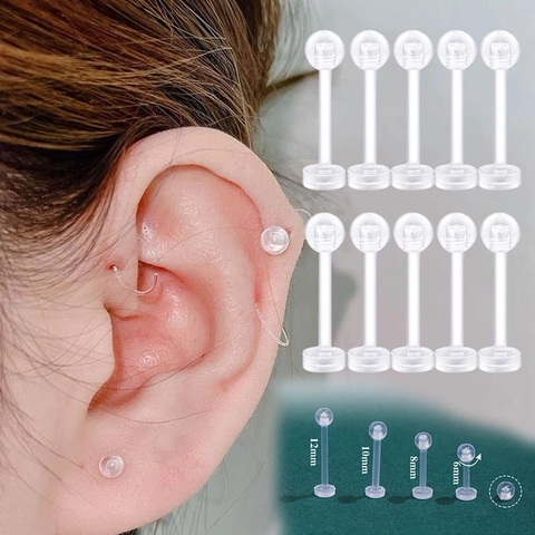 Clear Acrylic Piercing Retainers Flexible Minimalist Ear Cartilage Studs Lip Labret Bar Unisex Transparent Body Jewelry