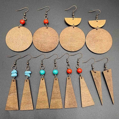 Boucles d'Oreilles Pendantes Géométriques en Bois Vintage pour Femmes Style Ethnique Bohème Pendentifs avec Turquoise