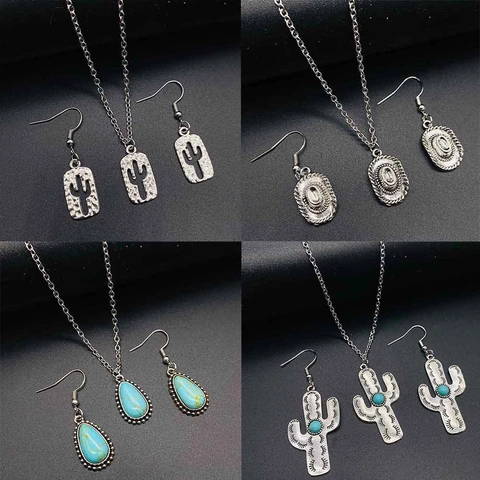 Vintage Western Cowboy Schmuckset Retro Kaktus Bullenkopf Künstlicher Türkis Anhänger Halskette Ohrringe Set Für Damen