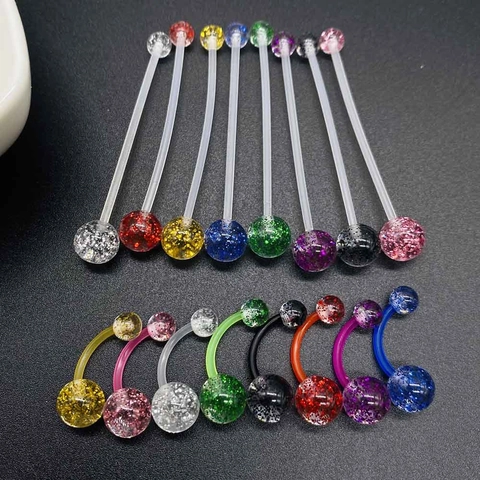 Acrylic Glitter Sequin Belly Button Rings Flexible Bioflex Industrial Barbell Piercing Jewelry For Women Belly Dance Navel Studs