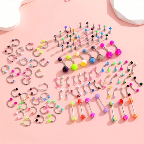 Stainless Steel Acrylic Body Piercing Jewelry Set Tongue Nose Rings Labret Studs Horseshoe Hoops Assorted Color Style Kit
