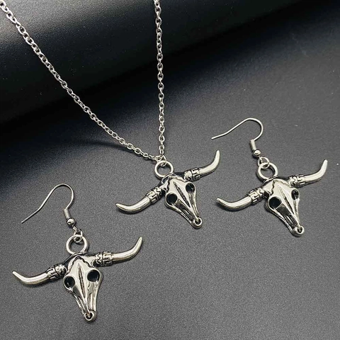 Vintage Gothic Bull Skull Bird Head Pendant Necklace Earring Jewelry Set Alloy Antique Silver Halloween Punk Jewelry For Women