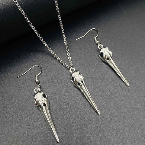 Vintage Gothic Bull Skull Bird Head Pendant Necklace Earring Jewelry Set Alloy Antique Silver Halloween Punk Jewelry For Women