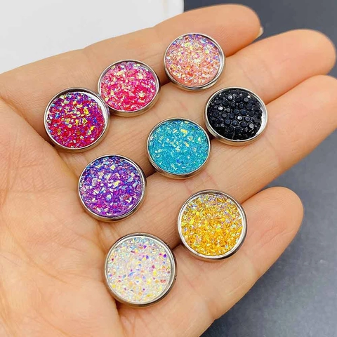 Boucles d'Oreilles Clous Rondes Druzy pour Femmes en Acier Inoxydable Résine Pailletée Bijoux Cadeau