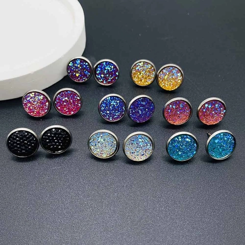 Boucles d'Oreilles Clous Rondes Druzy pour Femmes en Acier Inoxydable Résine Pailletée Bijoux Cadeau