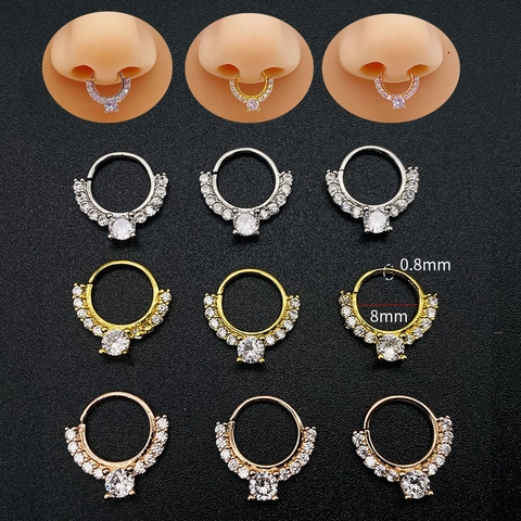 Koperen Zirkonia Septum Clicker Neusring Voor Vrouwen Piercing Sieraden Oorkraakbeen Knop Goud Zilver Roségoud Verguld