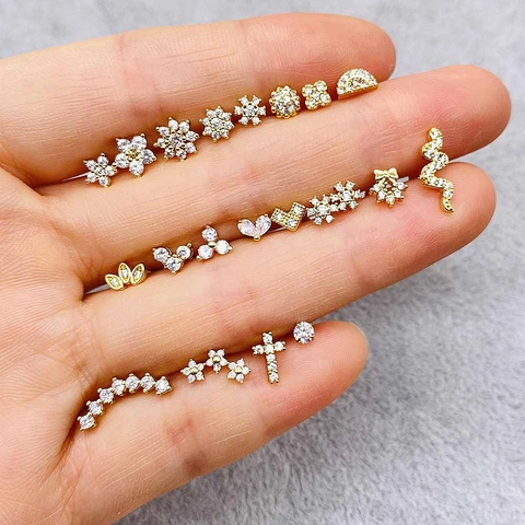 Stainless Steel Internal Thread Labret Stud Zirconia Flower Cross Snake Heart Ear Bone Stud Body Piercing Jewelry Gold Silver