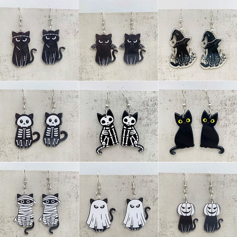 Halloween Acrylic Cat Dangle Earrings Horror Pumpkin Ghost Skeleton Mummy Drop Earrings For Women Party Fashion Jewelry Gift