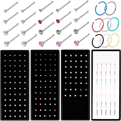 Coffret de Clous de Nez en Acier Inoxydable Plusieurs Pièces Anneaux de Nez en Strass Colorés Forme en L Droit Crochet Bijoux de Piercing Corporel Pour Unisexe