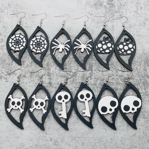 Orecchini Pendenti Halloween in Legno Motivo Zucca Teschio Gotico Design a Foglia a S Orecchini per Festa