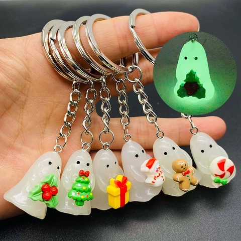 Glow In The Dark Ghost Keychain Resin Christmas Halloween Keyring Spooky Cute Spirit Pendant For Backpack Bag Decor Gift