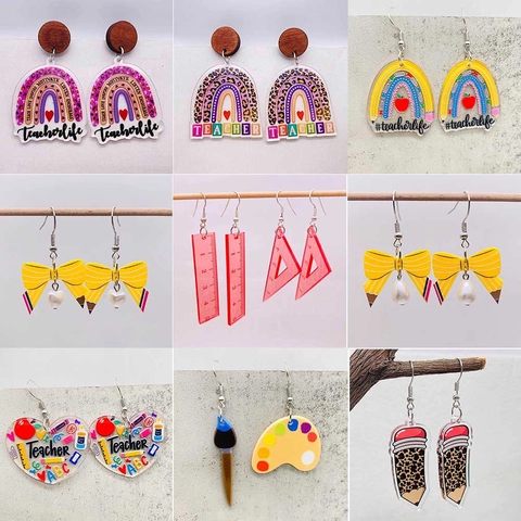 Boucles d'Oreilles en Acrylique Fête des Enseignants Crayon Règle Arc-en-Ciel Léopard École Boucles d'Oreilles Femme Bijoux Cadeau