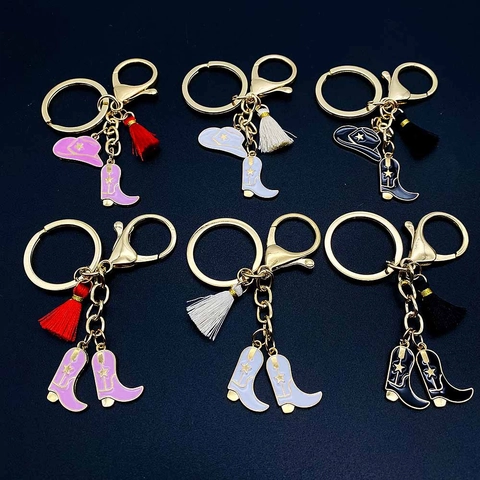 Western Cowboy Stiefel Hut Schlüsselanhänger Legierung Emaille Anhänger Stern Muster Quaste Schlüsselring Auto Tasche Ornament Schmuck