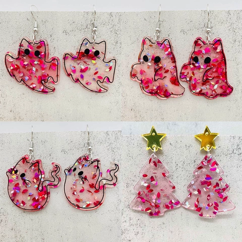 Kerstboom Ster Kat Geest Acryl Druppel Oorbellen Roze Pailletten Glitter Handgemaakt Titanium Stift Vakantie Sieraden Vrouwen Cadeau