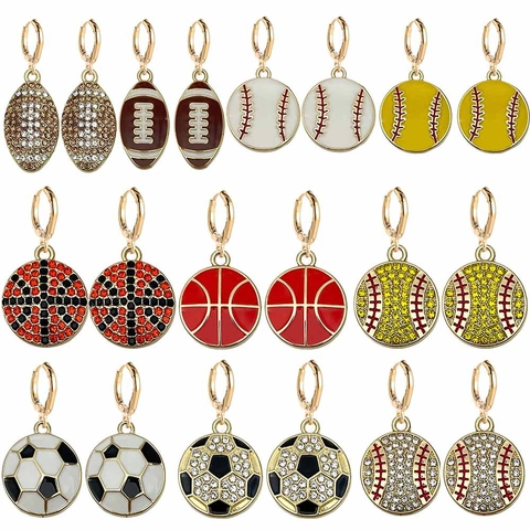 Sporty Alloy Ball Hoop Earrings Rhinestone Enamel Baseball Football Soccer Basketball Earrings For Women Sports Event Jewelry